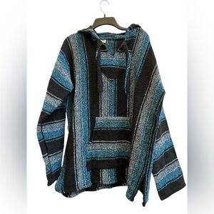 Artesanías Mexican Baja Hoodie Blue Black Striped XL